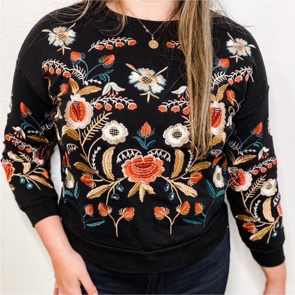 all:row Tops - All:Row Boho Bohemian Embroidered Black Sweatshirt Knit Pullover Women’s Medium